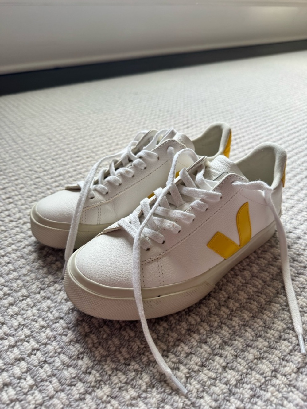 Veja White Leather Sneakers with Yellow 'V' Detail